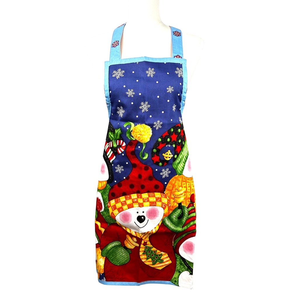 Christmas Apron Snowman Holiday Kitchen Blue Red OS Festive Cooking Handmade